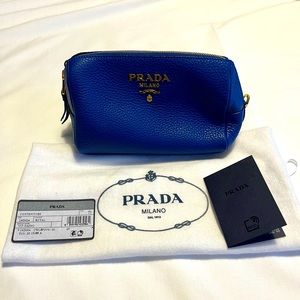 Prada Royal Blue Pebbled Leather Cosmetic Pouch with Gold Logo
